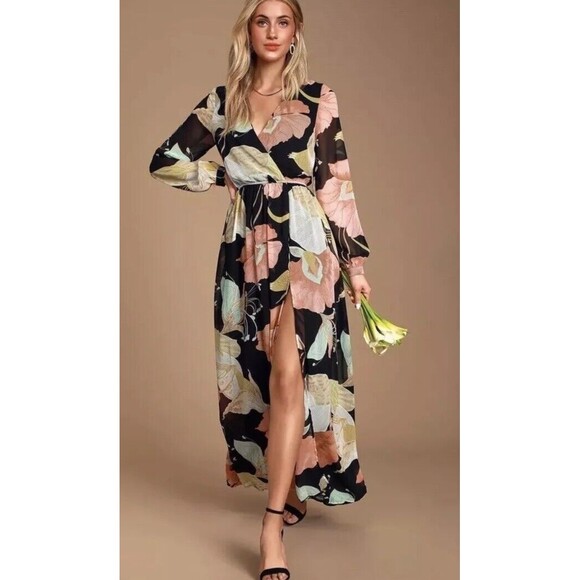 Lulus Maxi Dress XS Black Wondrous Water Lilies Floral Long Sleeve Boho resort - Picture 3 of 16